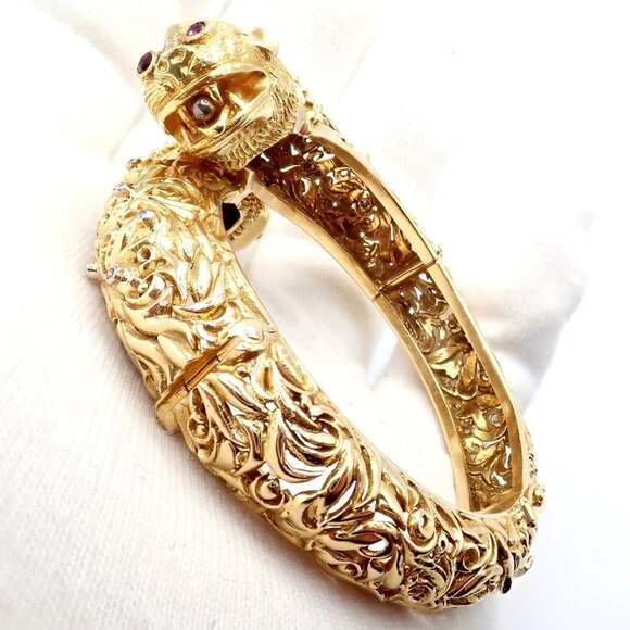 Rare Ilias Lalaounis 18k Yellow Gold Double Chimera Diamond Ruby Bangle Bracelet - Picture 10 of 16